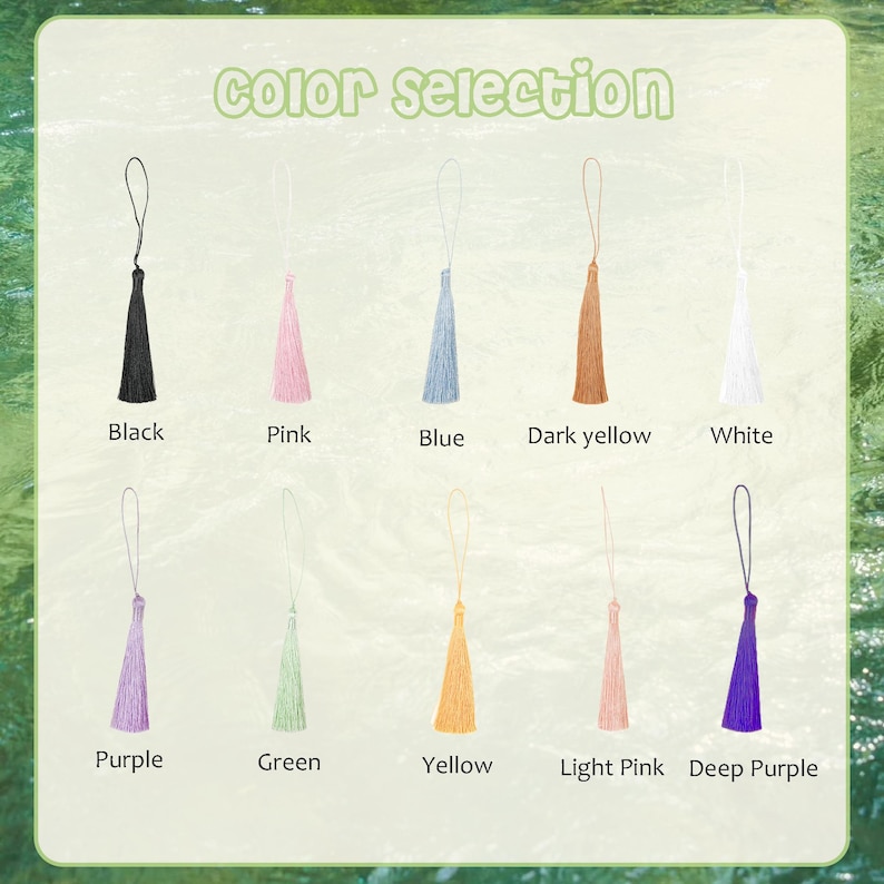 Op de afbeelding: Een afbeelding met een selectie van kwasten in diverse kleuren, waaronder zwart, roze, blauw, donkergeel, wit, paars, groen, geel, lichtroze en dieppaars. De tekst "color selection" staat bovenaan. Elke kwast heeft een lus.