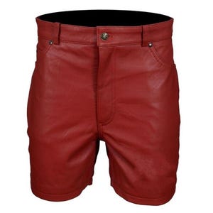 Men&#39;s Red Cowhide Leather Biker Shorts: Multi-Pocket Gym Wear