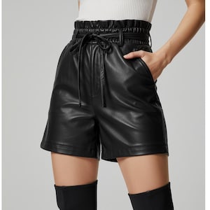 Womens Genuine Leather High Waisted Shorts Elastic Waistband | Drawstring | Black Vegan Leather Loose Fit Shorts for Streetwear & Night Out