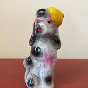 Vintage ceramic French poodle ornament, lovely little grey dog wearing a yellow beret, hand painted, mid century, kitsch figurine