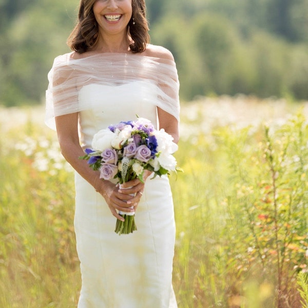 Off white bridal shawl | scarf | Swarovski and pearls| tulle bridal wrap |off the shoulder bridal wrap |tulle wedding shawl