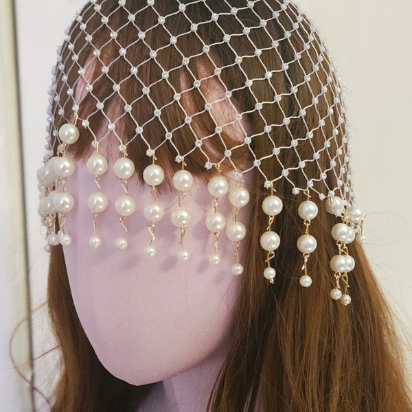 hairnet with pearl charms,  Pearl Tassel Hair Accessories , Handmade Mesh Headpiece, Head Chain, Head Cap, 2024 Gifts