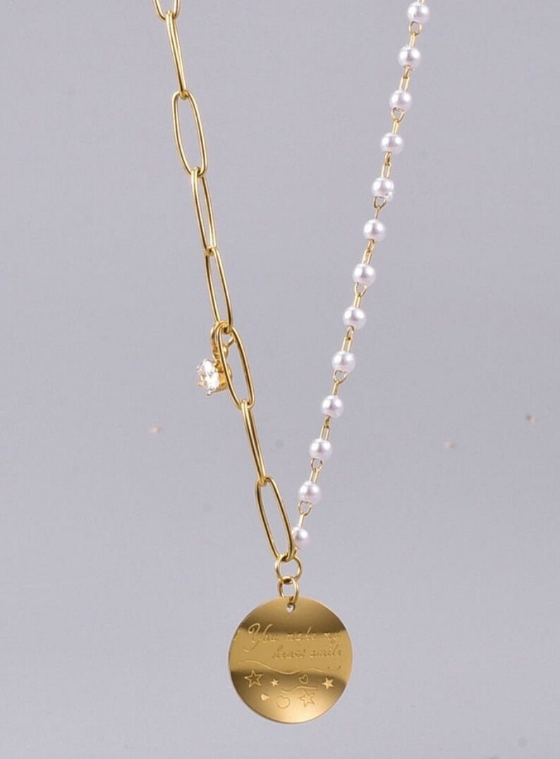 pearl necklace bridesmaid gift Stainless still gold plated necklace with fax pearls and coin charms necklace for women birthday gift