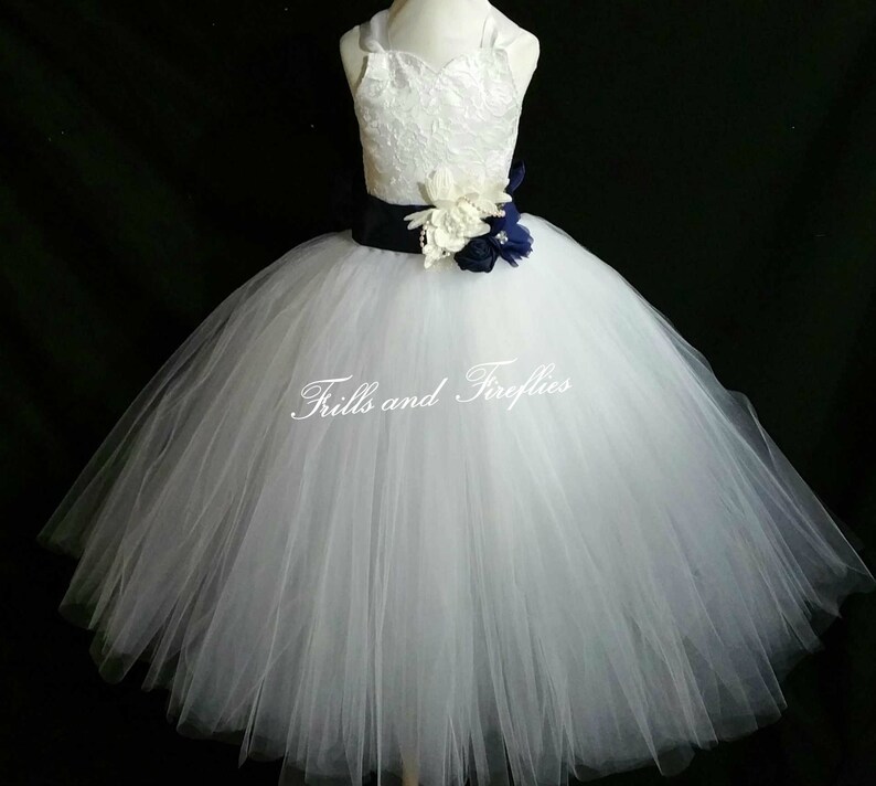 white and navy flower girl dress