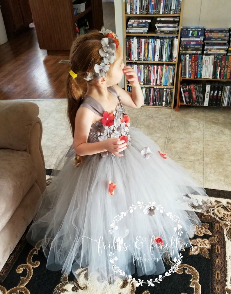 Silver Grey And Burnt Orange Flower Girl Dress Bridesmaid Etsy