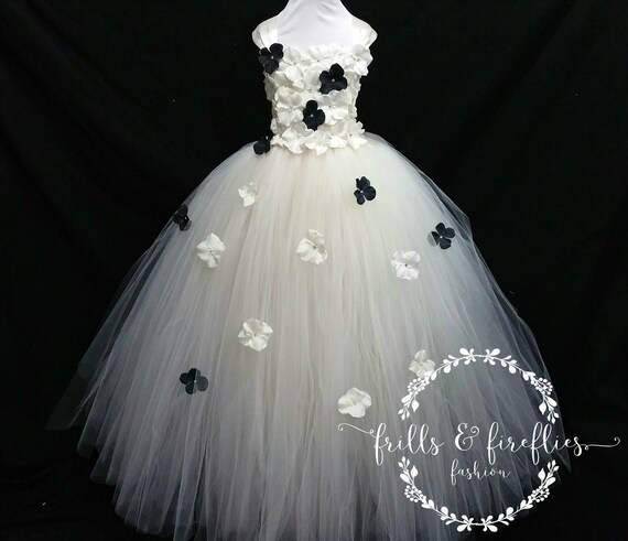 white wedding dress with black flowers