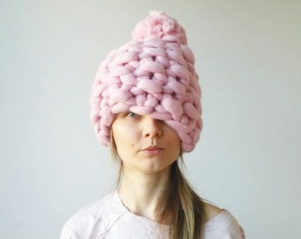 Pink Chunky Pom Pom Knit Hat