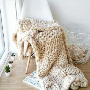 Chunky Knit Blanket. Luxury Bed Runner. Giant Cream Throw. Merino Wool Rug image 1