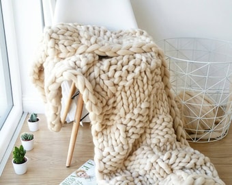 Chunky Knit Blanket. Luxury Bed Runner. Giant Cream Throw. Merino Wool Rug