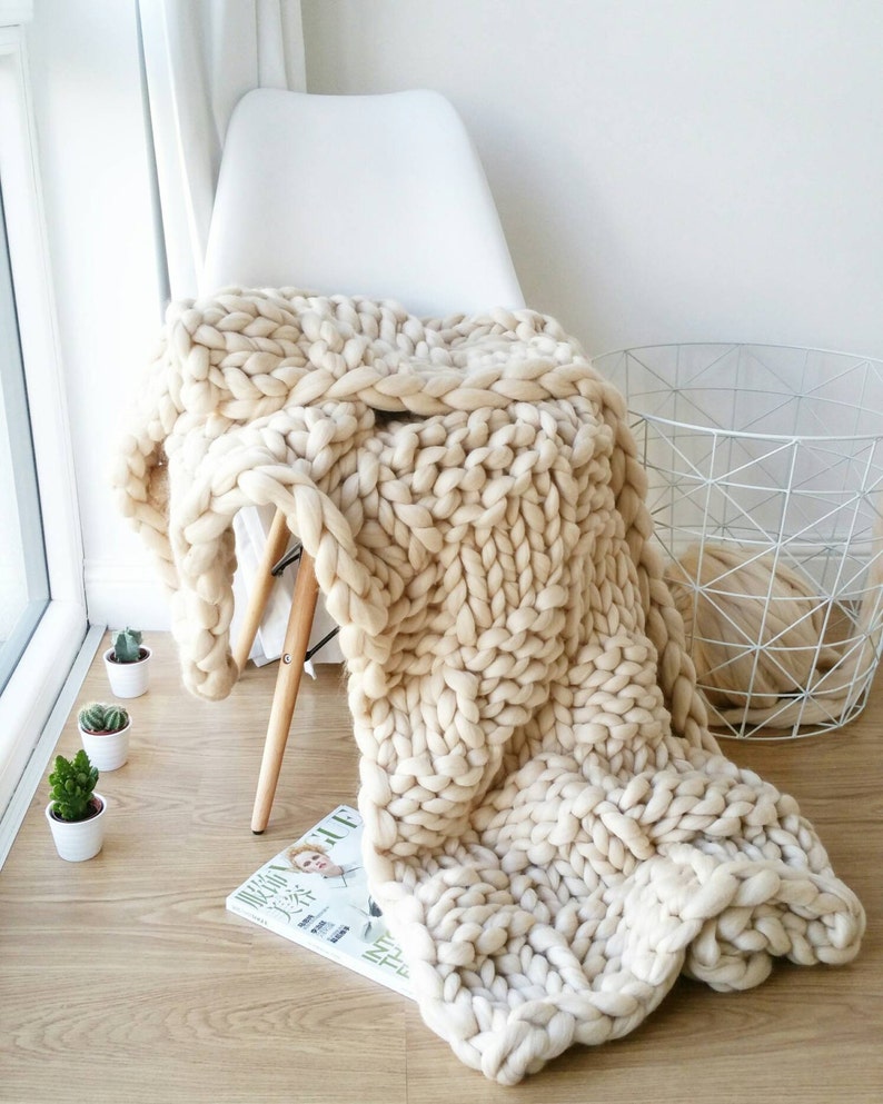 Chunky Knit Blanket. Luxury Bed Runner. Giant Cream Throw. Merino Wool Rug image 1