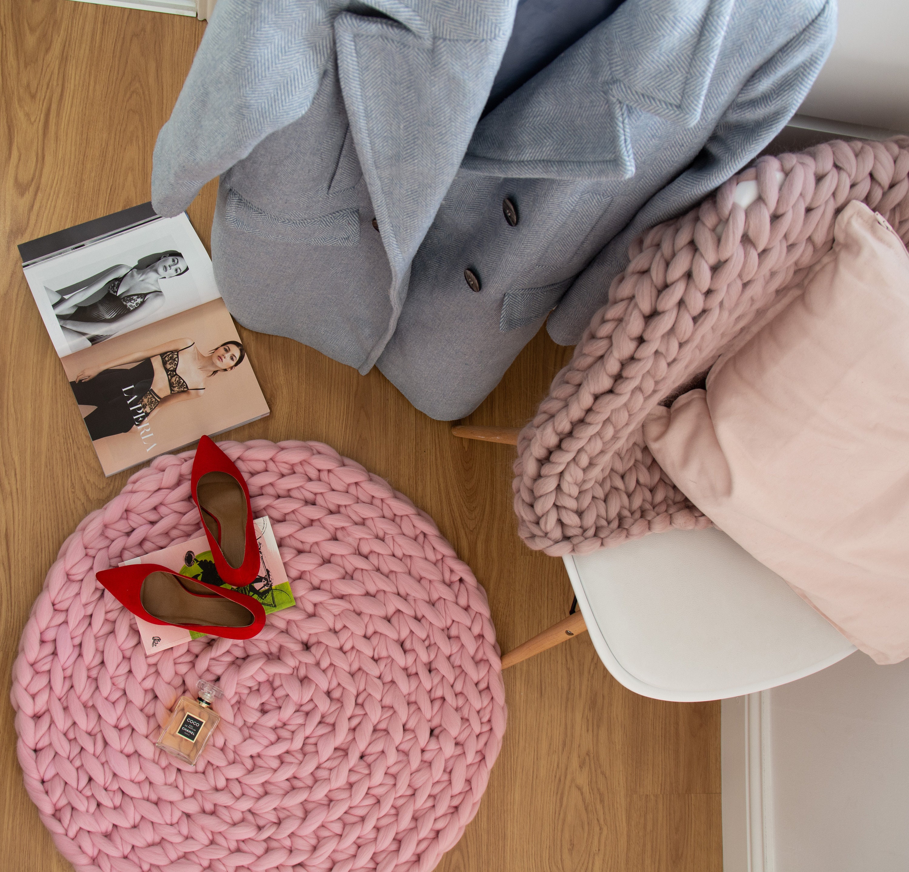 Pink Chunky Knit Round Rug Floor Mat
