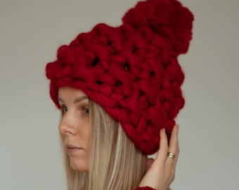 Red Hat Chunky Merino Wool avec Pom Pom Knit Hat