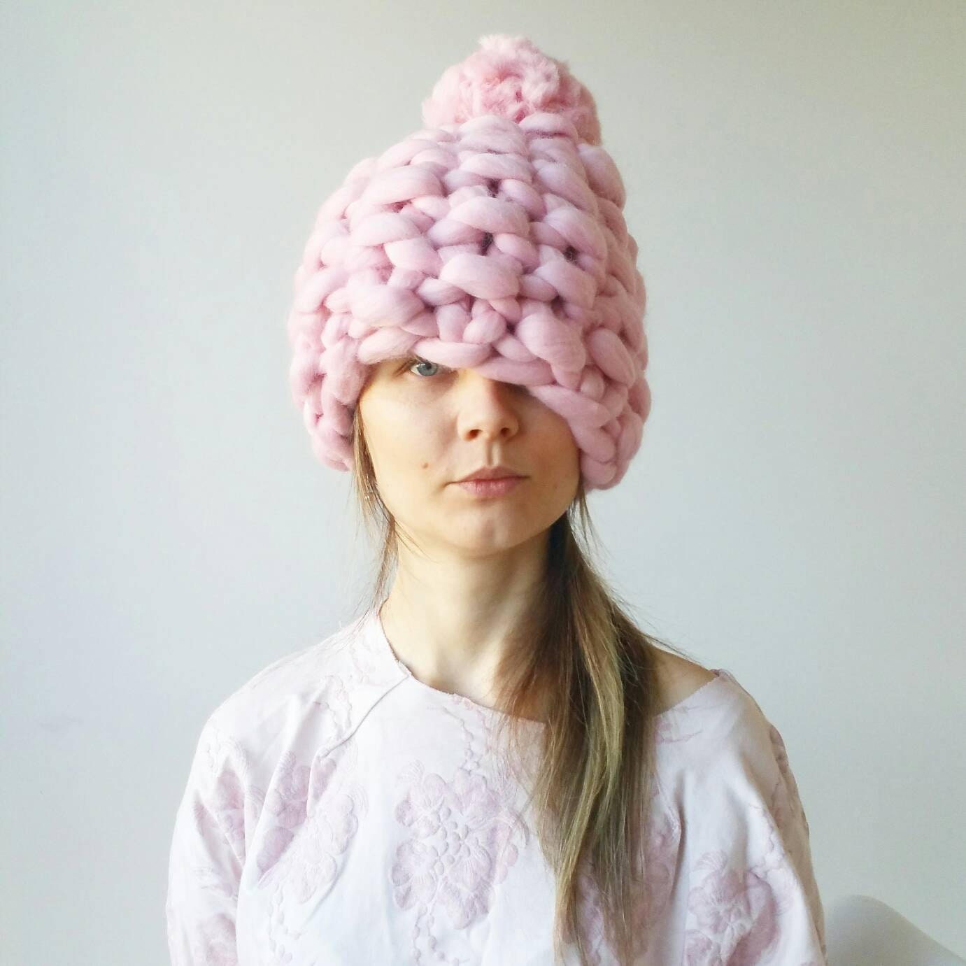 Pink Chunky Pom Pom Knit Hat - Etsy 