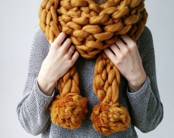 Knit Scarf Chunky Triangle PomPom Snood