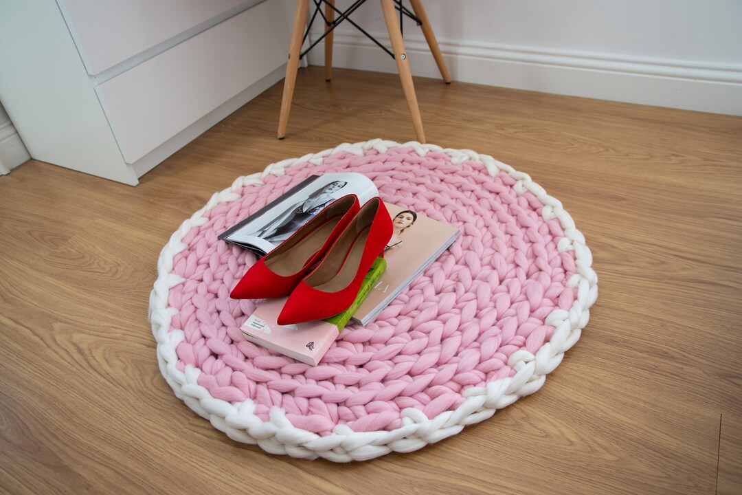 Contrast Edge Floor Mat. Chunky Knit Round Rug Etsy