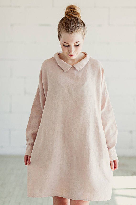 Dusty Pink Linen Dress Long Sleeves