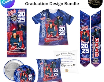 May include: A graduation design bundle with 5 editable templates. The bundle includes a t-shirt, pillow, button, banner, and diploma. The designs feature a red and blue color scheme with a graduation cap, a bulldog mascot, and the text "Class of 2025".
