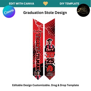 May include: Red and black graduation stole design template with a photo of a graduate wearing a cap and gown. The stole features a black and white lightning bolt pattern, a horse head logo, and the text "Class of 2025".