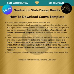 May include: A Canva template design bundle for graduation stoles. The text on the image reads "Graduation Stole Design Bundle" and "How To Download Canva Template". The image also includes instructions on how to use the Canva templates.