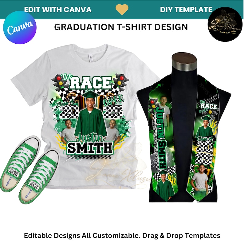 2025 Graduation T-Shirt & Stole Template Bundle: DIY Canva Editable Design image 1