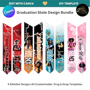 May include: A set of 4 graduation stole designs featuring different themes and colors. The stoles are customizable with text and images. The designs include a red and black stole with a football theme, a blue and white stole with a butterfly theme, a pink and white stole with a cheerleader theme, and a black and orange stole with a basketball theme.