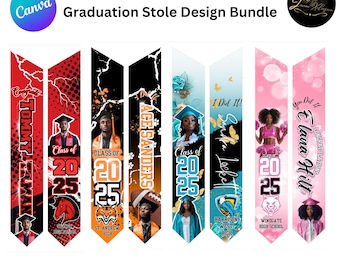 Puede incluir: Un conjunto de 4 diseños de estola de graduación con diferentes temas y colores. Las estolas son personalizables con texto e imágenes. Los diseños incluyen una estola roja y negra con un tema de fútbol, una estola azul y blanca con un tema de mariposa, una estola rosa y blanca con un tema de animadora y una estola negra y naranja con un tema de baloncesto.