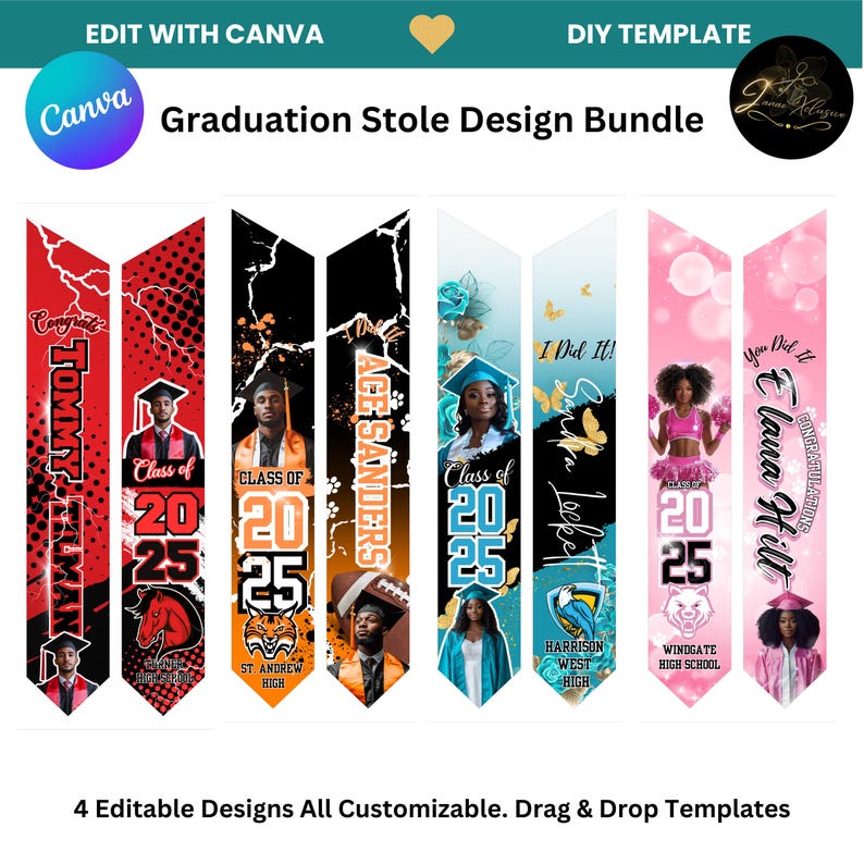 May include: A set of 4 graduation stole designs featuring different themes and colors. The stoles are customizable with text and images. The designs include a red and black stole with a football theme, a blue and white stole with a butterfly theme, a pink and white stole with a cheerleader theme, and a black and orange stole with a basketball theme.