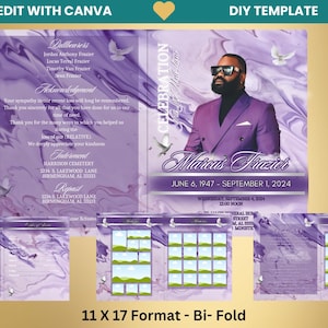 Modello di programma funebre di 8 pagine color lavanda, modello funebre stampabile Canva, modello necrologio pieghevole modificabile, funerale in amorevole memoria PNG