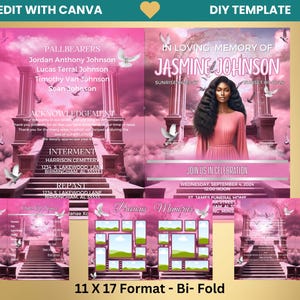 May include: A pink and white funeral program template with a photo of a woman in a pink dress. The program includes the deceased's name, "Jasmine Johnson", and details about the funeral service. The program is designed in a bi-fold format and measures 11 x 17 inches.