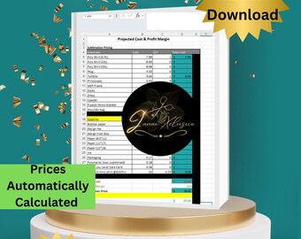 May include: A spreadsheet on a computer screen with the title "Crafter Profit & Pricing Calculator". The spreadsheet is used to calculate the cost and profit margin of various craft items, such as shirts, mugs, and tumblers. The spreadsheet is editable and can be downloaded instantly. The image also includes a calculator and the text "Prices Automatically Calculated".