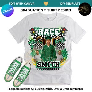 May include: A white t-shirt with a green and black checkered design, the words "The Race is Over", and a graduation cap. The shirt also features a photo of a graduate, the text "Class of 2025", and the name "Justin Smith".