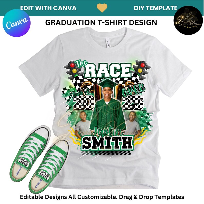 May include: A white t-shirt with a green and black checkered design, the words "The Race is Over", and a graduation cap. The shirt also features a photo of a graduate, the text "Class of 2025", and the name "Justin Smith".