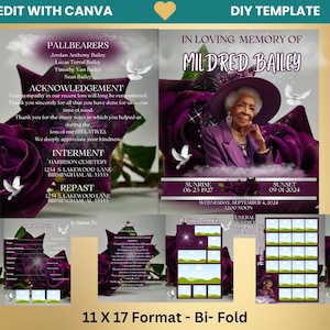 May include: A purple and white bi-fold funeral program template with a photo of a woman in a purple dress and hat. The template includes the deceased's name, dates of birth and death, and information about the funeral service. The template is designed for a 11 x 17 inch format.