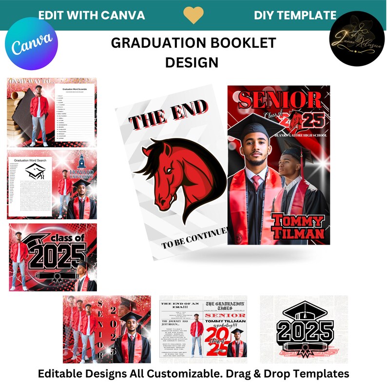 Puede incluir: Un conjunto de plantillas de folletos de graduaci&oacute;n imprimibles con esquemas de colores rojo y negro con im&aacute;genes de un caballo, un gorro de graduaci&oacute;n y un estudiante de &uacute;ltimo a&ntilde;o. El texto "Clase de 2025" y "El final" est&aacute;n incluidos en el dise&ntilde;o.