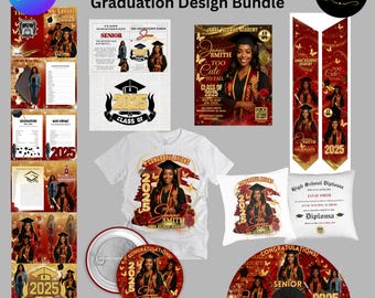 May include: A graduation design bundle with 8 editable templates. The bundle includes a t-shirt, pillow, diploma, fan, button, and other items. The designs feature a red and gold color scheme with butterflies and the text "Class of 2025".