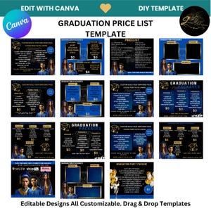 Lista de preços do pacote de formatura 2025 editável no modelo Canva, download rápido e fácil e edição da lista de preços para folheto ou postagem em mídia social
