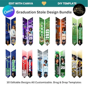 May include: Ten customizable graduation stole designs featuring a variety of colors, patterns, and text. Each design includes a space for a photo and the graduate's name. The text includes the year "2025" and the words "Class of" and "Terrance Rider".