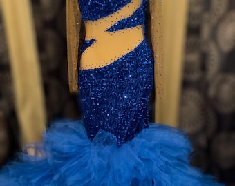 Vestido de fiesta con lentejuelas de terciopelo azul/vestido con volantes en la parte inferior