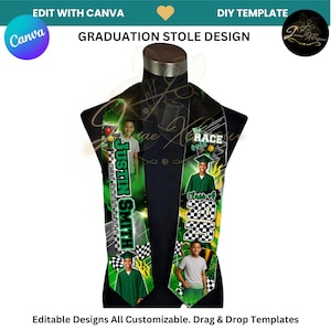 May include: A green and black graduation stole with a checkered pattern and a racing theme. The stole features the text "The Race is On" and "Class of 2025". It also includes a photo of a graduate wearing a cap and gown.