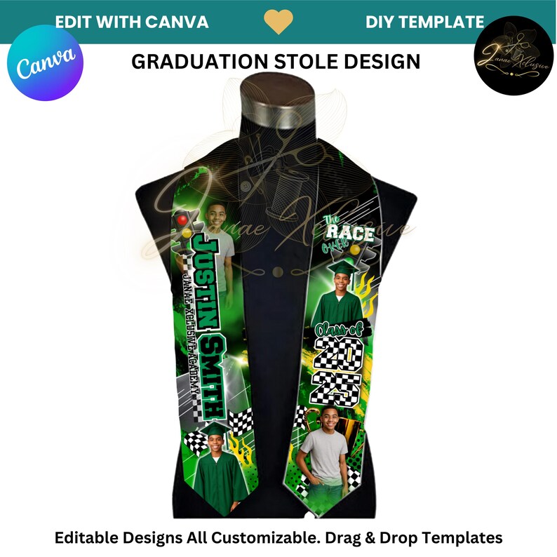 May include: A green and black graduation stole with a checkered pattern and a racing theme. The stole features the text "The Race is On" and "Class of 2025". It also includes a photo of a graduate wearing a cap and gown.