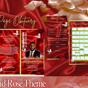 May include: A trifold funeral programme template with a satin and rose theme. The programme includes sections for a life well lived, a celebration of life, a reflection of life, and an order of service. The programme features a photo of the deceased and a floral design.