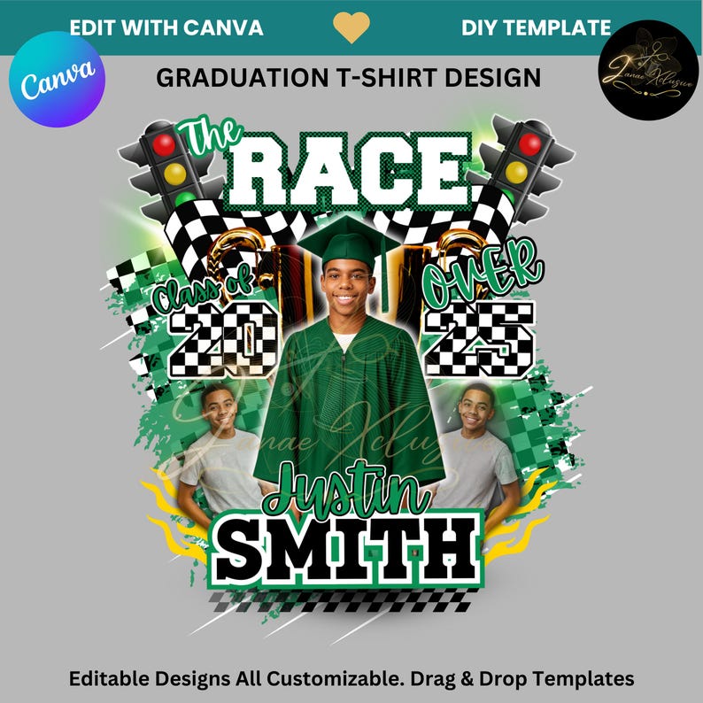 May include: A green and black graduation t-shirt design with a checkered flag pattern and the text "The Race is Over" with a graduation cap and the year 2023. The design also includes a photo of a graduate with the name "Justin Smith" below.