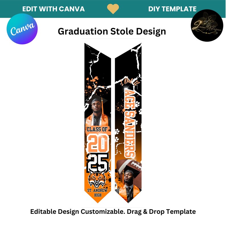 May include: A graduation stole design template featuring a black and orange color scheme with a white cracked background. The stole has the name "ACE SANDERS" and the text "CLASS OF 2025" with a graphic of a wildcat. The template is customizable and includes a football graphic.