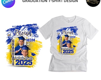 May include: White t-shirt with a graduation design. The design includes the words "Proud Mom Graduate" and the graduate's name and year. The design features a photo of two children in graduation caps, with blue and yellow accents.