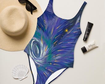 Traje de baño de una pieza Multiverso, Traje de baño Galaxia Cósmica, Traje de baño Arte Celestial, Ropa de playa abstracta y colorida, Iamlachicag LLC