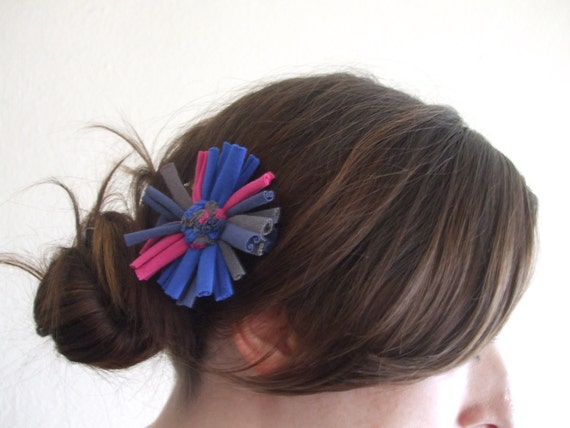 Items similar to Pink, Cobalt Blue, and Gray Flower Barrette - Made ...