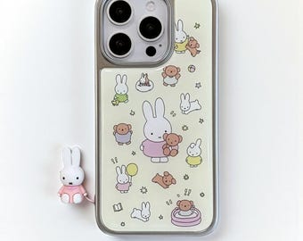 Kawaii Miffy Bunny Phone Case with Charm, Cute Pastel Cartoon iPhone 17 16 15 14 13 Pro Max Cover, Coquette Aesthetic Protective Case