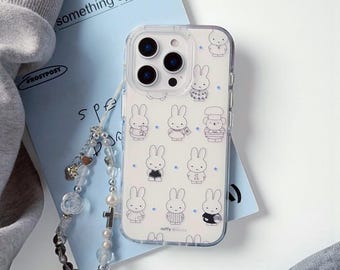 Funda Miffy para iPhone con correa de cuentas: diseño minimalista de conejito kawaii en blanco y negro para iPhone 17, 16, 15, 14 y 13 Pro Max