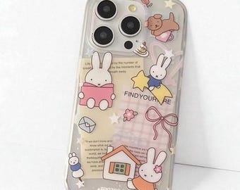 Kawaii Miffy Bunny Cartoon Handyhülle, süsse, pastellfarbene Hülle mit Sternen & Schleifen, iPhone 11 12 13 14 15 16 17 Pro Max Plus