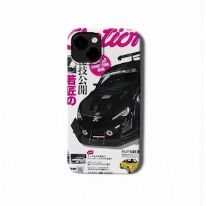 May include: A phone case featuring a black sports car on a magazine cover. The cover has Japanese text and the words "HARD TUNE" in pink. A yellow sports car is also visible.